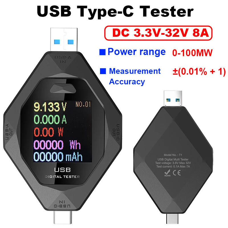 جهاز اختبار USB صغير من النوع C PD تيار مستمر 3.3-32 فولت 8A مقياس الجهد الحالي الرقمي TFT شاشة ملونة مقياس فولت أمبير كاشف طاقة البطارية