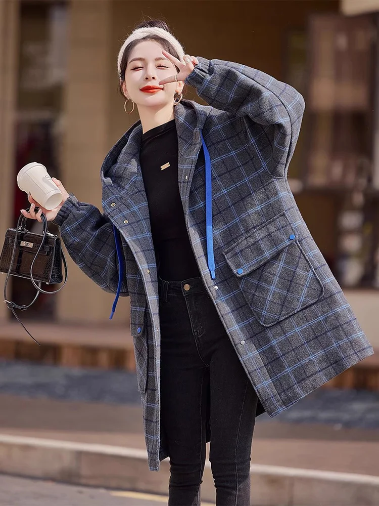 New Women Autumn Winter Down Liner Woolen Coat Fashion Hooded Wide-waisted Plaid Wool Blended Coat Casual Thick Warm Coat