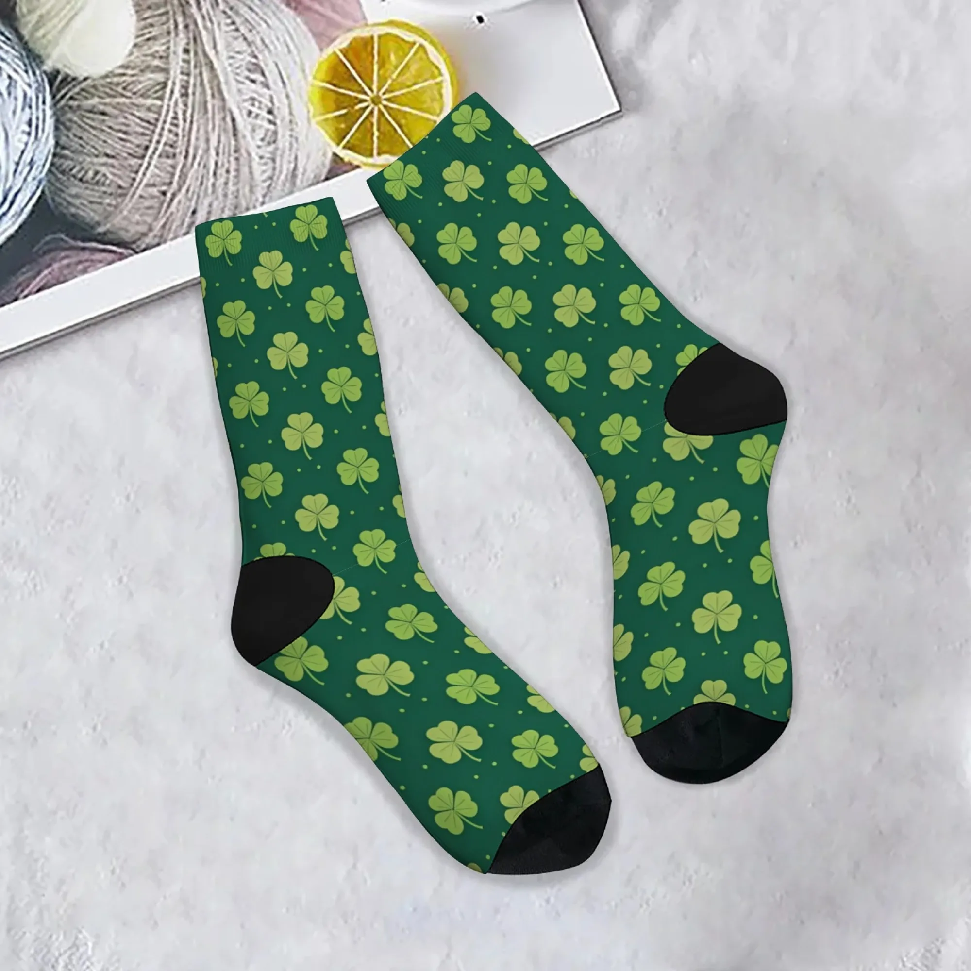 Harajuku retro luz verde trevo de quatro folhas meias estampadas, novidade arte de rua, estilo planta natural meias masculinas festa presente de feriado