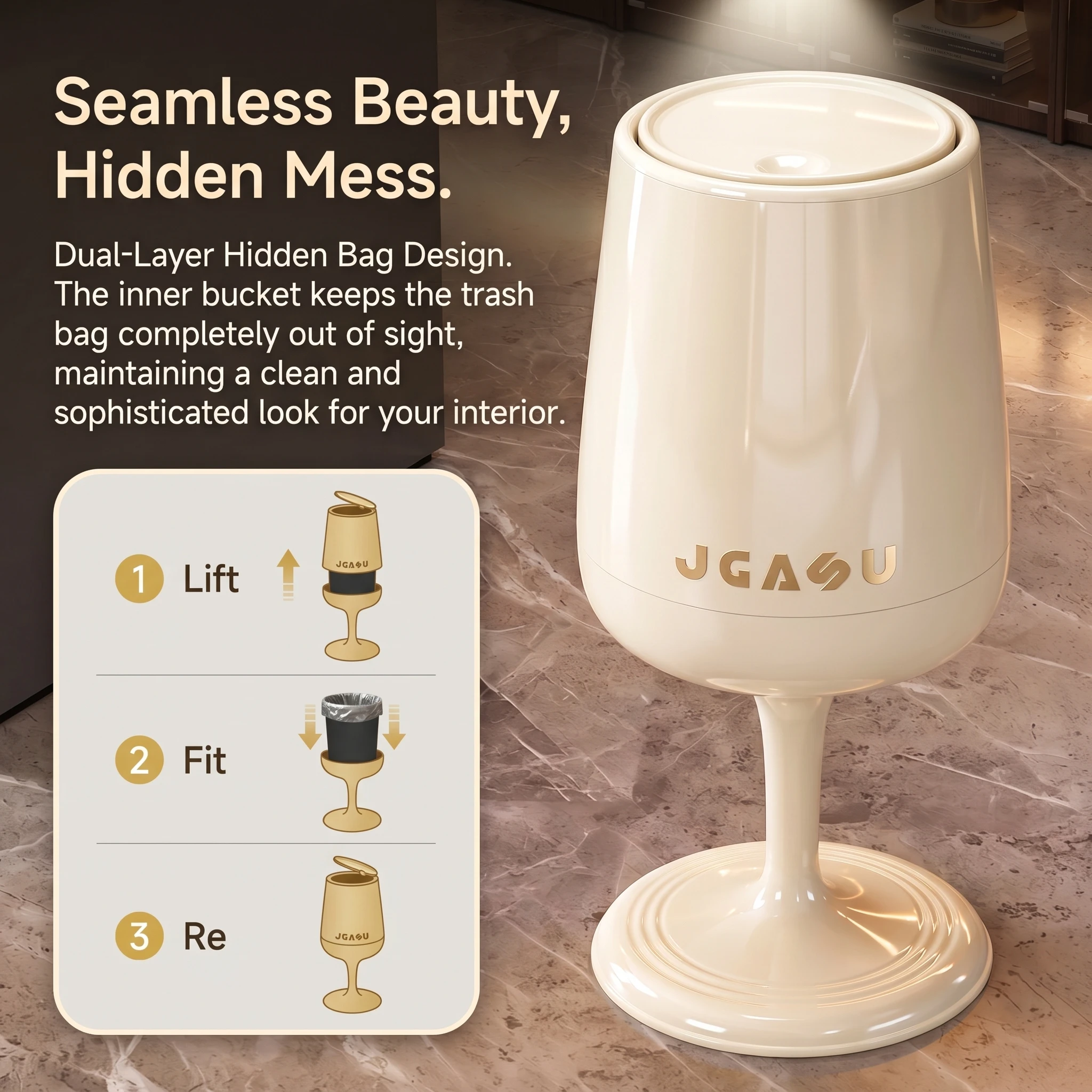 2026 Wine Glass-Style Trash Can, Creative Floor-Standing Trash Can, Stylish No-Bend Kitchen Trash Can, Large-Capacity Retro Wine Glass-Style Storage Bin, Dual-Bin Design, Push-Button Pop-Up Lid, Glossy Plastic Trash Can, Unique Home Decor