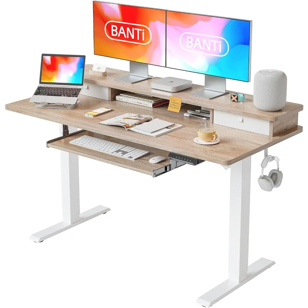 

Height Adjustable Electric Standing Desk with Keyboard Tray, Home Office Desk Computer Workstation with Storage Shelf