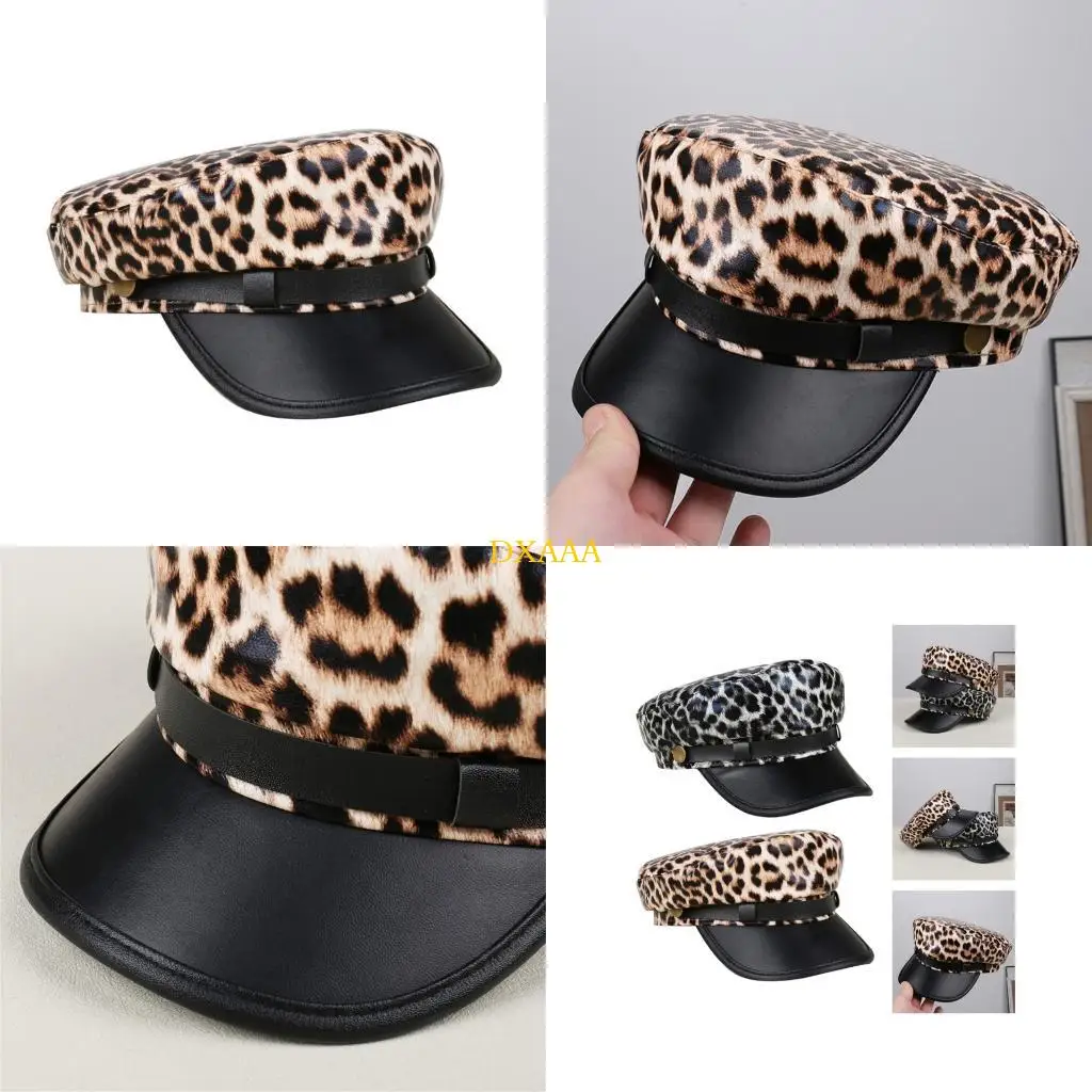 DXAA Leopard Print Flat Cap PU Leather Sun Breathable Design For Men Women Riding Fashion Seamless Construction
