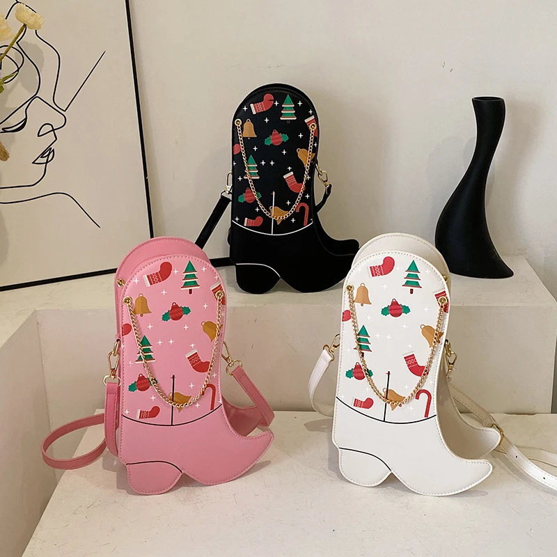 Bolso con botas divertidas para mujer, diseño de multitud navideña, bandolera con cadena a la moda, bolso con personalidad divertida para niños