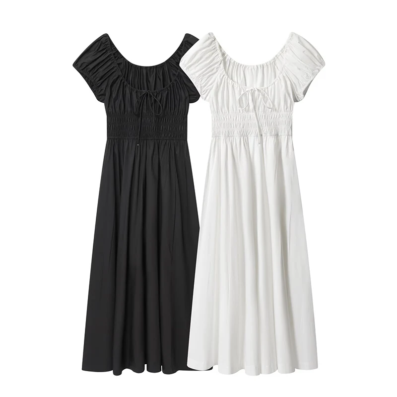 YENKYE Czarne Białe Sukienki Letnie z Krótkim Rękawem na Wakacje 2026 Damskie Sznurowane Dekolt O Elastyczna Talia Elegancka Codzienna Sukienka Midi w Kształcie Litery A