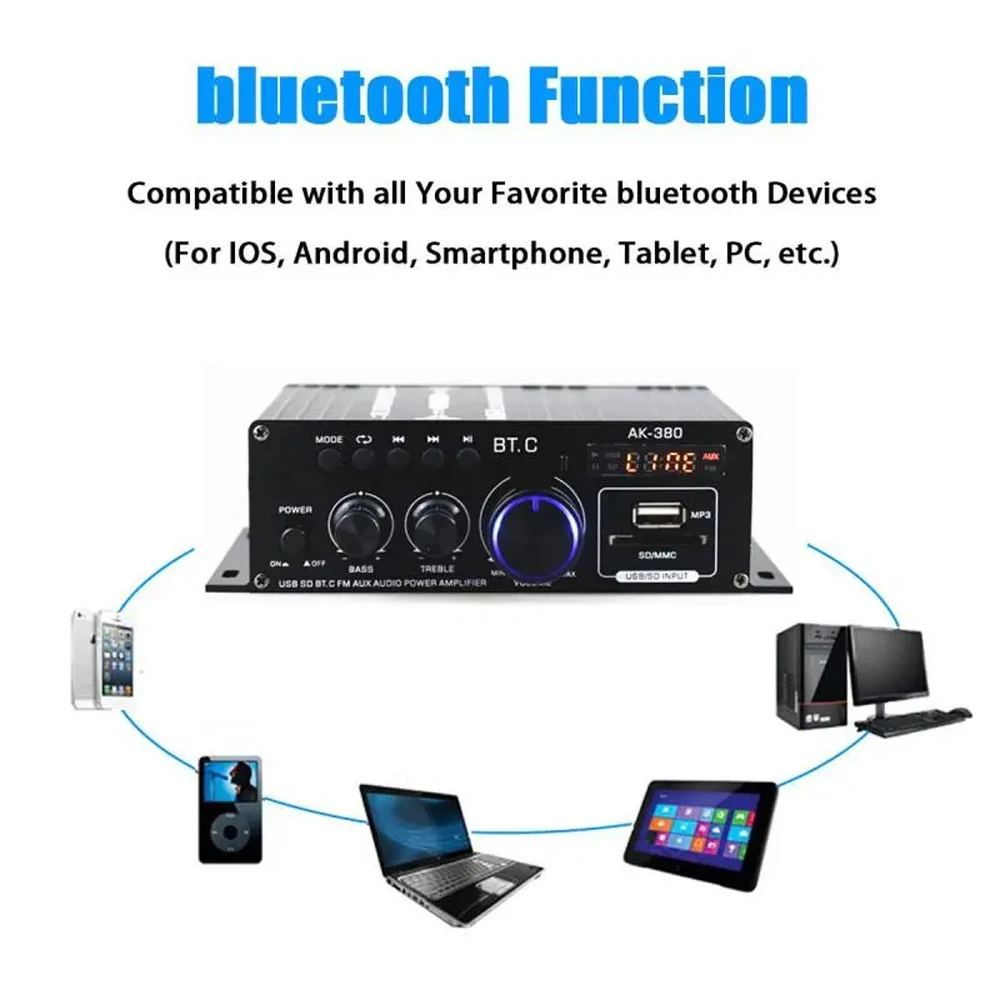 AK380 Power Amplifier 800W Stereo Sound Amplifier Channel 2.0 HIFI Bluetooth Amp Home Digital Audio 12V 3A for Car Bass Trebl