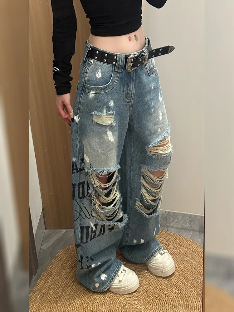 Street Style American Hot Girl Design Sense Ripped Denim Jeans Women's Autumn New Old Fashion Spill Ink Print Floor-Length Pants