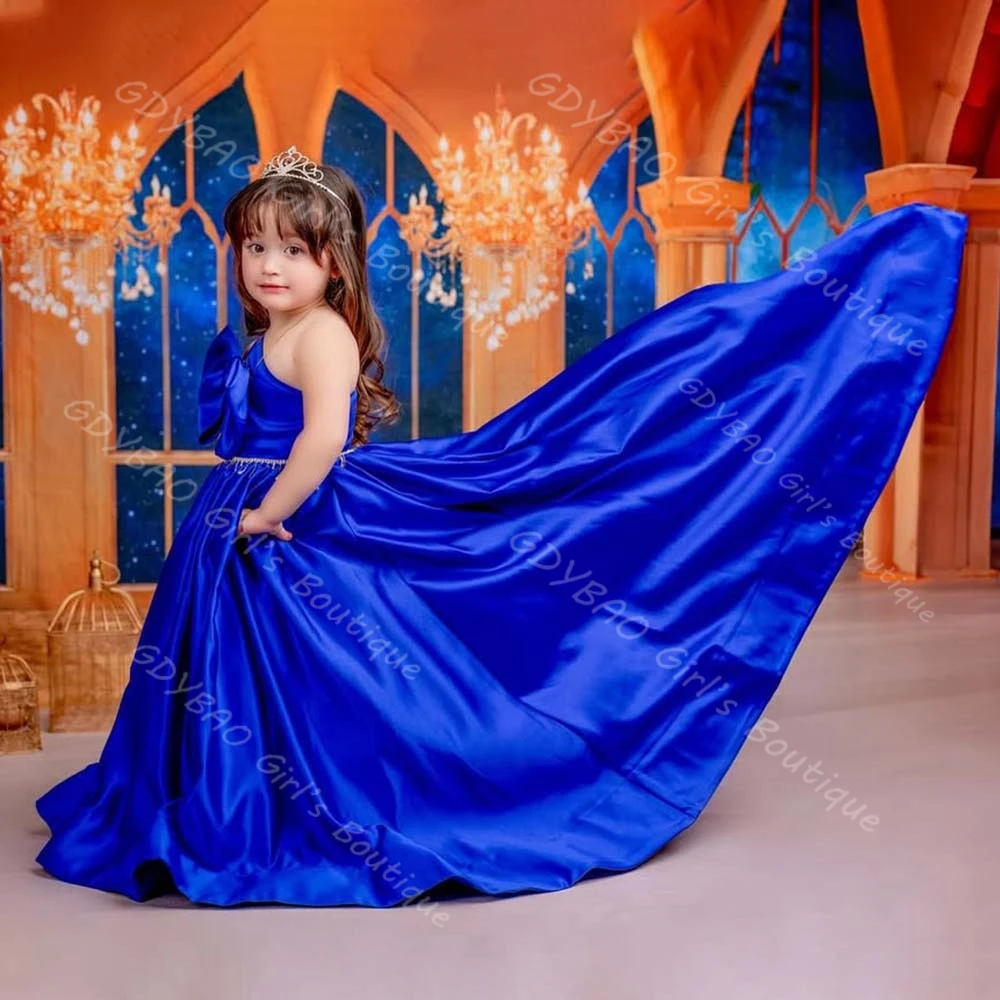 Vestido de fiesta azul real para niñas, vestido de baile de un hombro, vestido de princesa para cumpleaños con tren, vestido personalizado de flores para boda para niños de 2 a 14 años