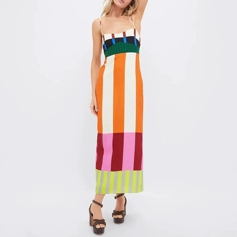 Femme printemps rayé imprimé Patchwork robe de vacances Sexy Slash cou taille haute mince longue robe d'été dos nu fermetures éclair Boho robe d'été