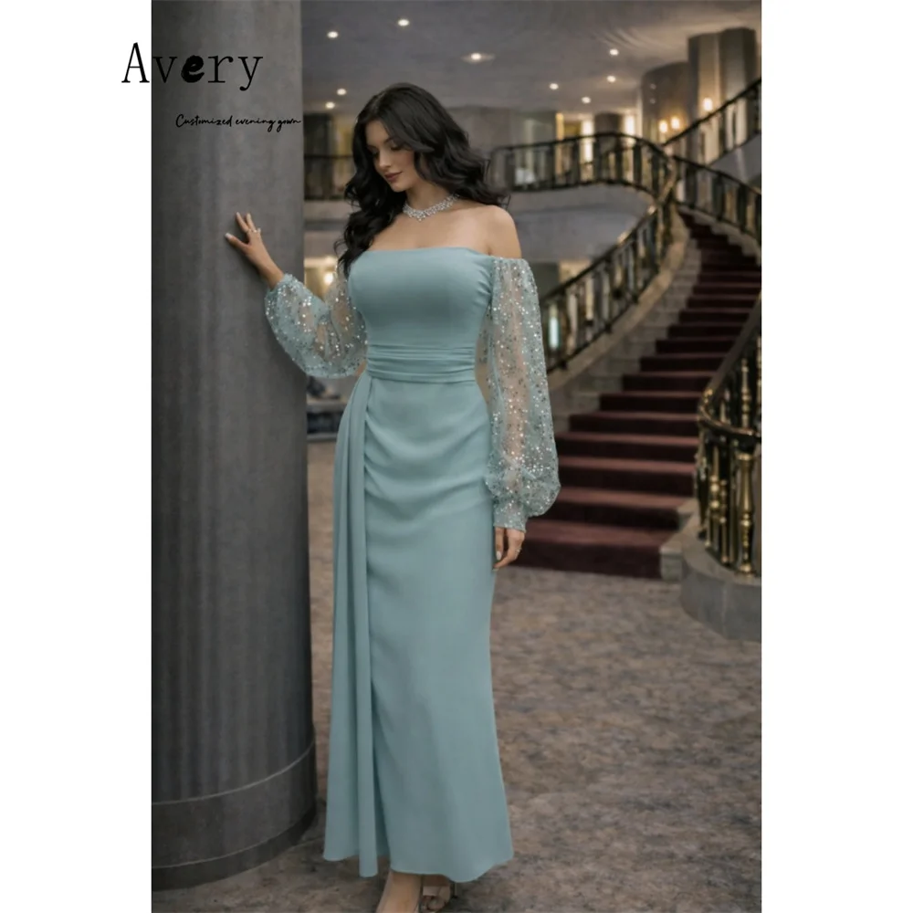 

Avery Custom Blue Off-shoulder Fishtail Long Sleeves Elegant Dresses Woman for Evening Party Dresses Luxury 2026 Prom Dress 2026
