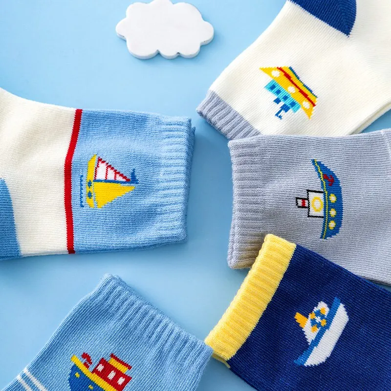 5 Pairs Of New Autumn And Winter Childrens Socks Striped Sailboat Boys Socks 4 to 8 Year Old Socks