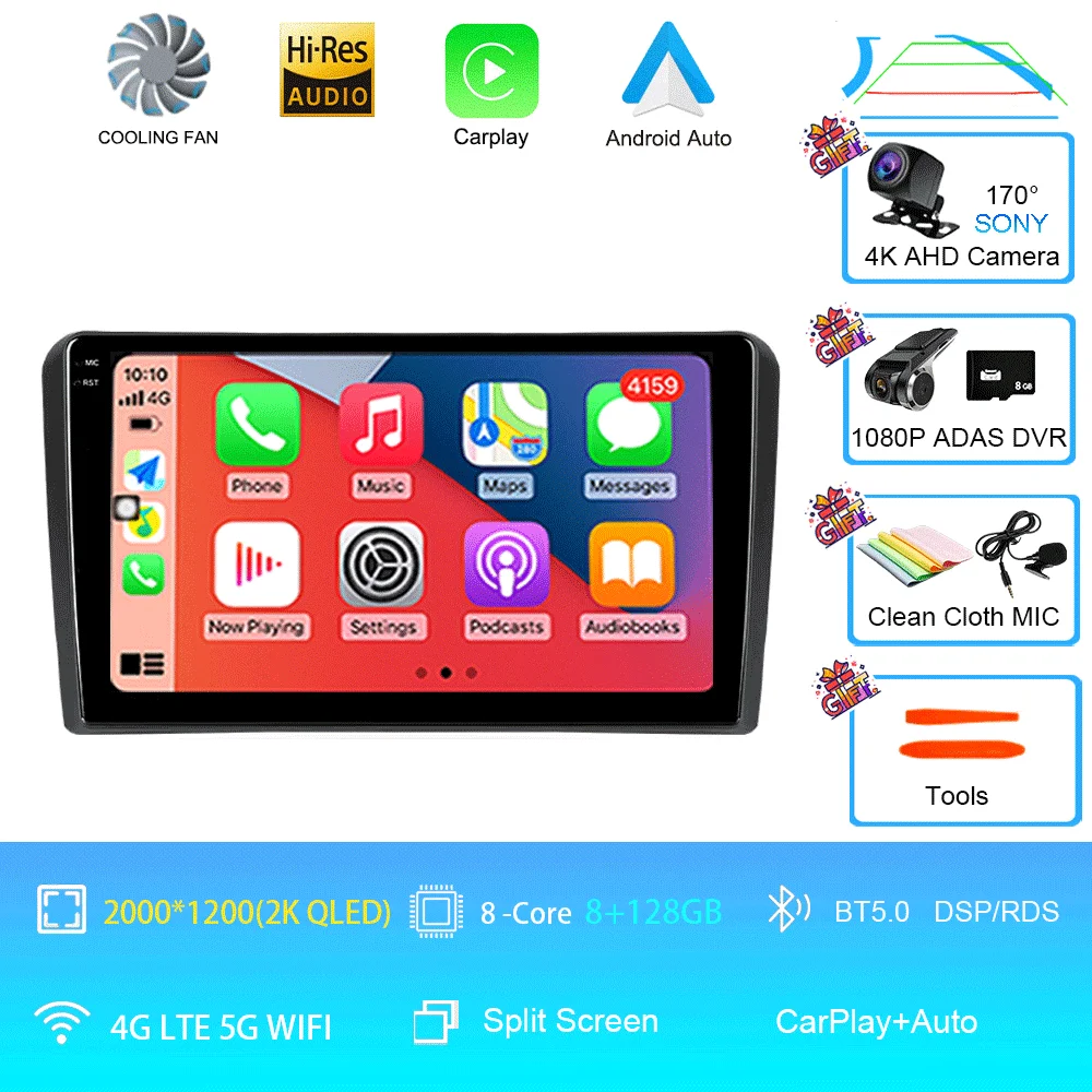 Android 16 Carplay Auto voor Audi A3 8P 2003-2013 autoradio 2din multimediaspeler GPS navigatie audio stereo DSP 360 camera 4G