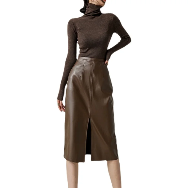 Genuine Leather Mid Length Skirt, Fashionable Versatile, Coffee Colored, Long Skirt with Buttocks, Sheepskin, Half Length Skirt