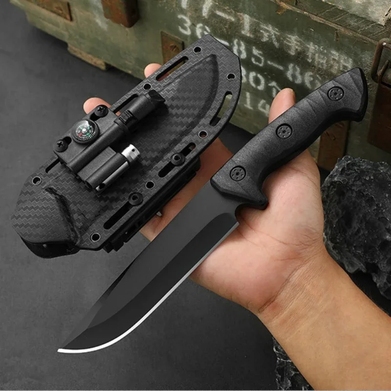 Aço inoxidável exterior Straight Knife, Tactical K bainha, Camping sobrevivência faca, apito bússola, lanterna Faca