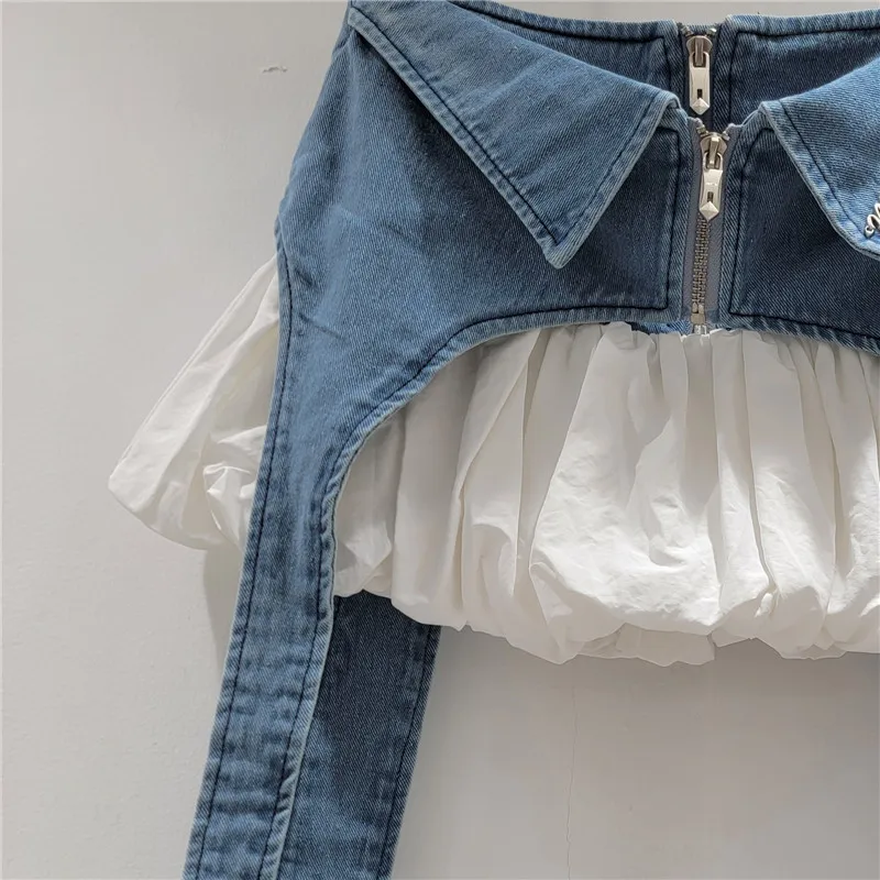 Fake Two-piece Design Denim Splicing A-line Skirt Female Fashion Street Hottie Puffy Short Skirt