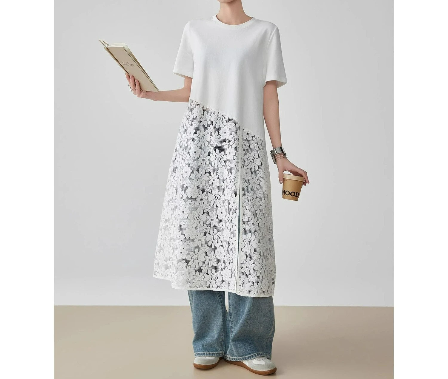 Summer Openwork Lace Patchwork Loose and Slim Long Irregular Short Sleeve T-shirt Dress for Women