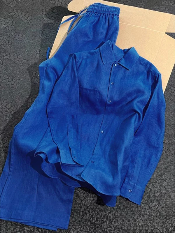 Conjunto de Camisa Azul Klein a la Moda y Pantalones Casuales para Mujer, Atuendo Combinado de Alta Gama con Sensación Dopamina, Conjunto de Dos Piezas de Fibra de Poliéster