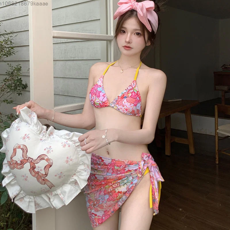 Sanrio Hello Kitty New Cute Sexy Bikini 3 Piece Set Y2k Spicy Girl Summer Swimwear Bra Briefs Women Beach Style Matching Suit