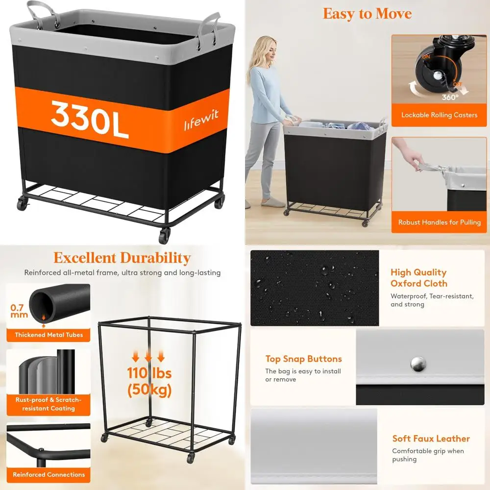 

Lifewit 330L Laundry Basket with Wheels, Large Heavy Duty Commercial Rolling Laundry Hamper with Handles, Tall Steel Frame Laund