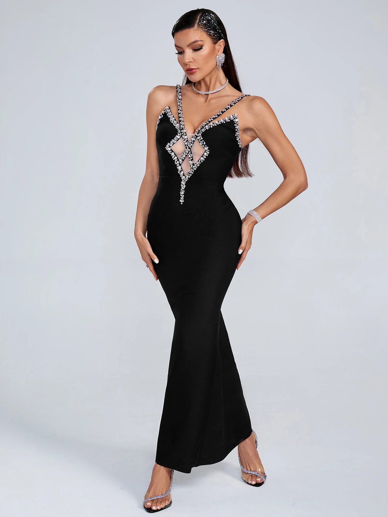 Vestido de vendaje negro elegante para mujer, gasa Sexy, empalme, cuello en V profundo, vestido de diamantes sin espalda, Vestidos de celebridades, ropa de fiesta de noche