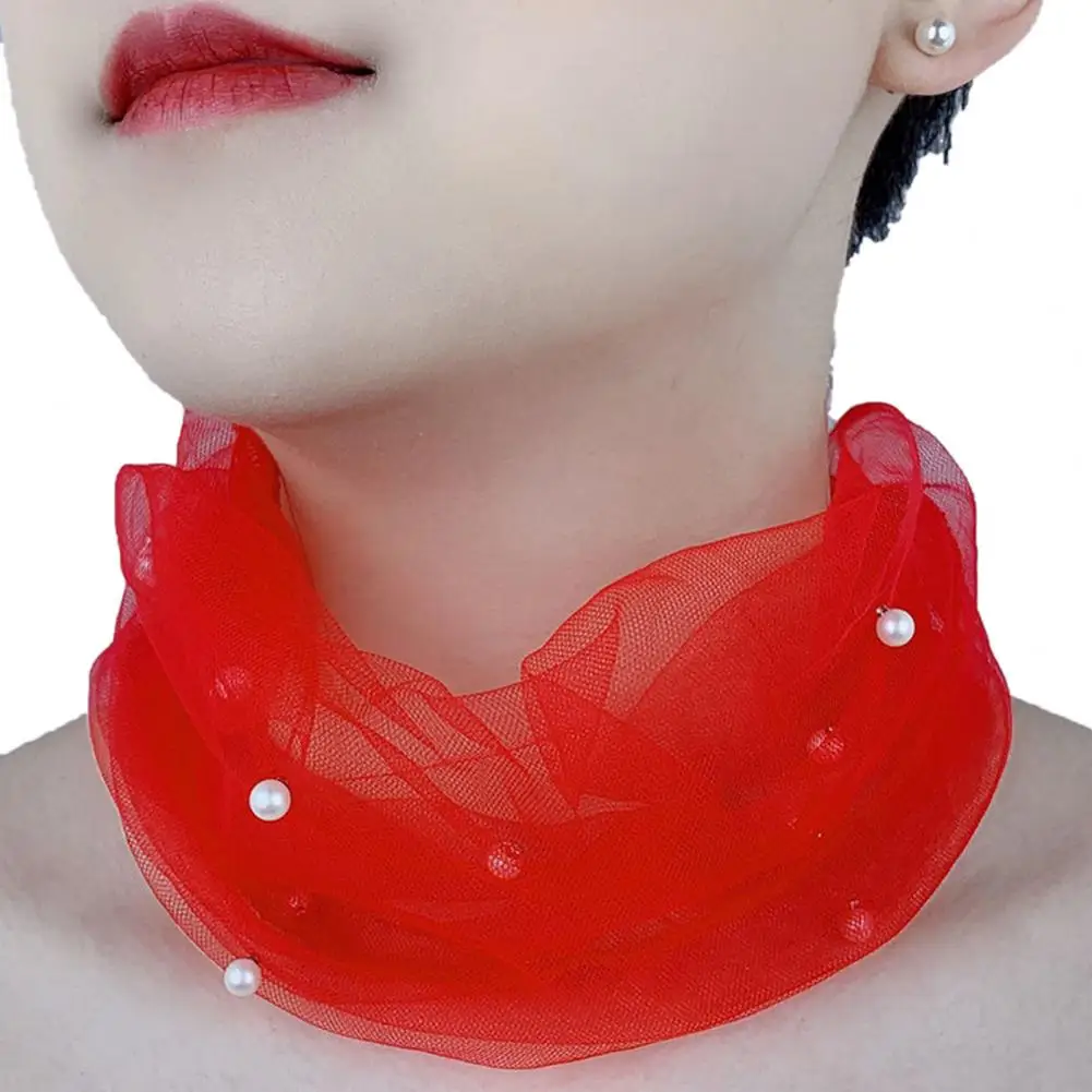 Elegant Women Neck Collar Faux Pearls Decor Elastic Organza Lace Scarf Multi-functional Elastic Neck Wrap