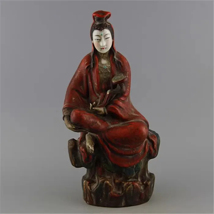 

Rare Old China Qing Dynasty pastele porcelain statue,Painting Gold red goddess of mercy Buddha antique collection display