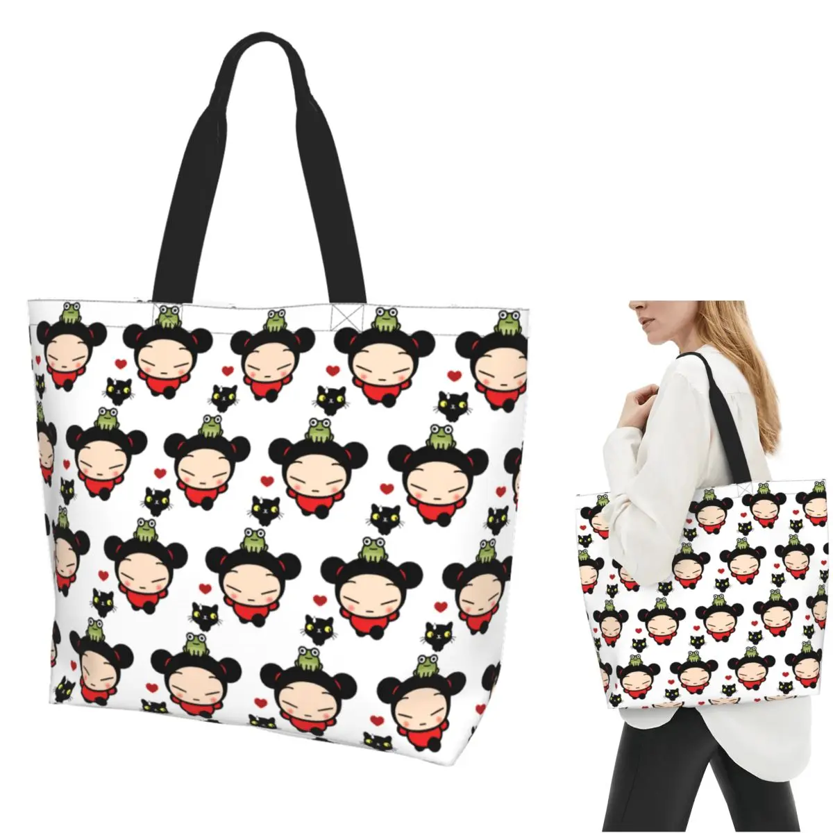 Cute Lovely Cartoon Pucca Shopping Tote Bag Canvas Large Capacity Shoulder Bags Shopper Grocery Handbag for Women