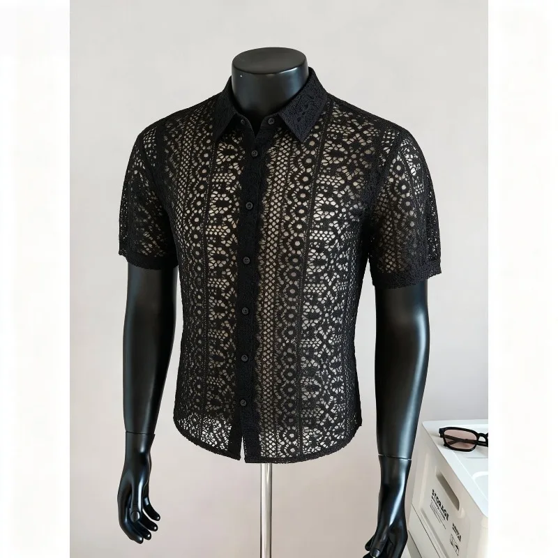 Summer Lace Hollow Short Sleeved Shirt for Men Breathable Casual Business Social Shirts Social Nightclub Party Costume 2026