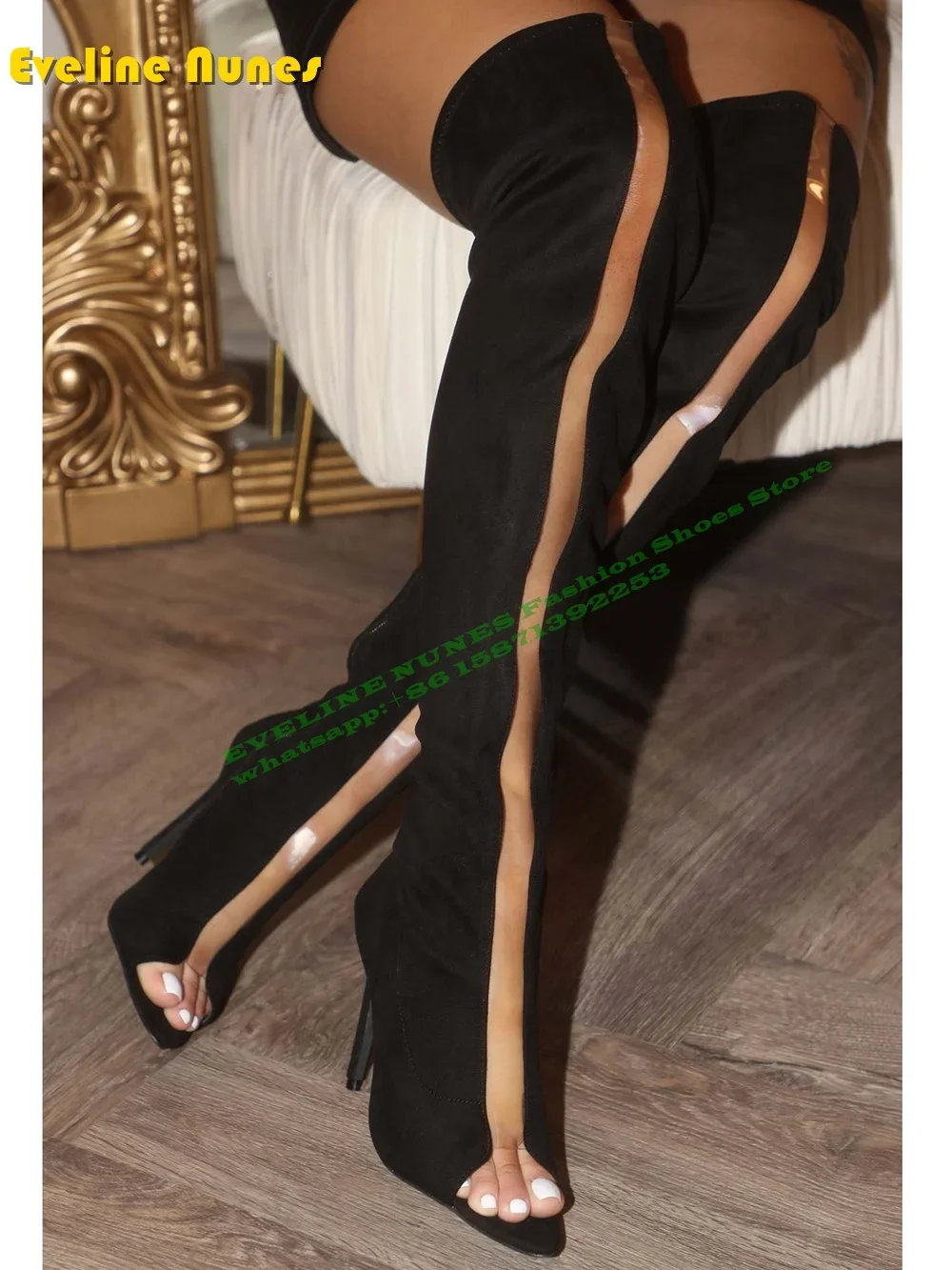 

Transparent Band Peep Toe Sexy Fashion Boots Stiletto Heels Side Zipper Splicing Women Over The Knee High Boots Plus Size 2024