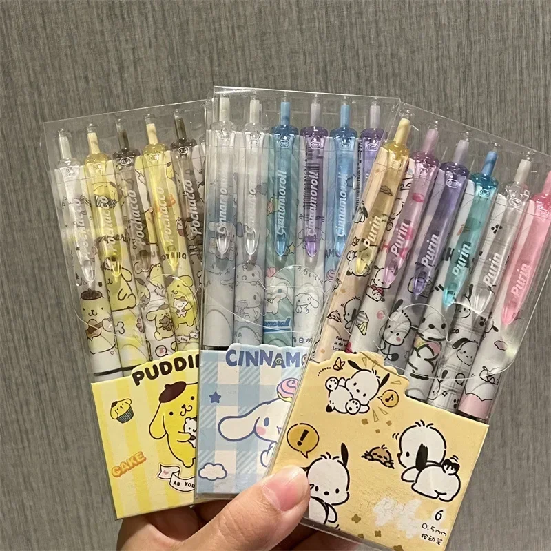 Sanrio Hello Kitty 6pcs Series Gel Pen 0.55mm Refill Y2k Cinnamoroll Kuromi MelodyCartoon Press Pen Black Stationery Supplies