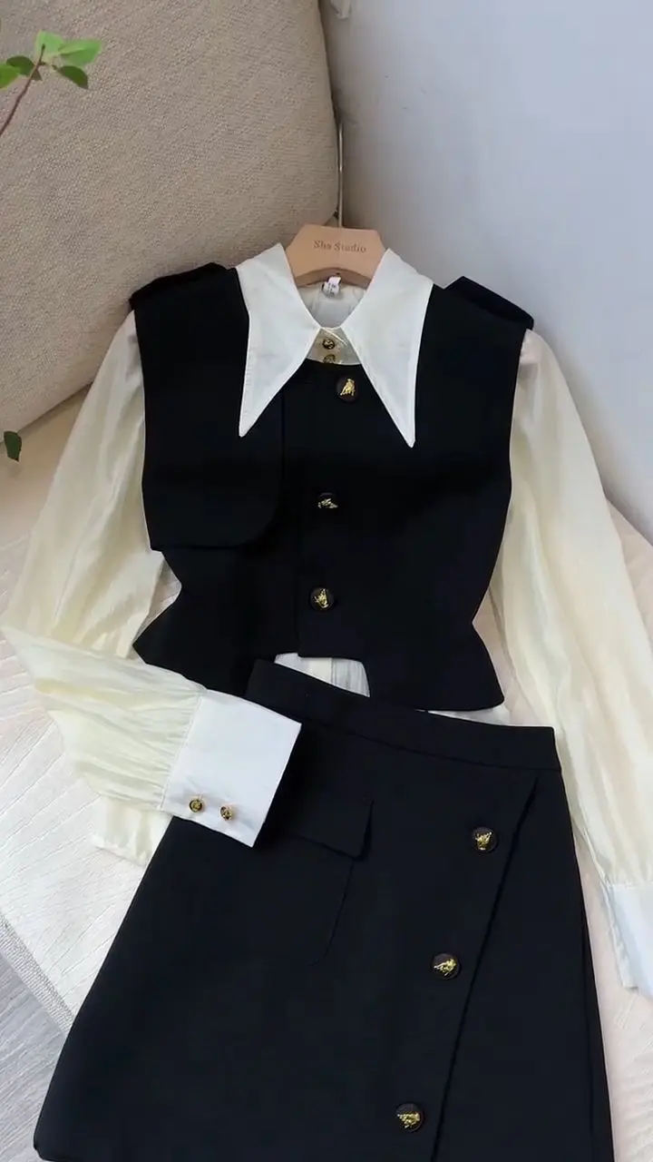 2024 New High End Asymmetric Design Vest Polo Collar Style Commuter Shirt Covering Hip Half Skirt Style Fashion Three Piece Set