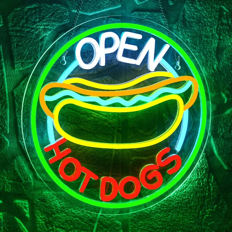 

Open Hot Dogs Neon Sign Wall Decor Dimmable Colorful LED Neon Signs Wall Art LED Sign for Bar Restaurant Shop Food Party Decor