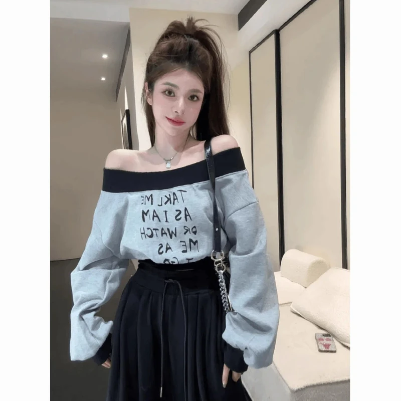 Pure Desire Spicy Girl Color Blocking Splicing Gray Sloping Shoulder Hoodie Women's Short Long Sleeved Wide Truffle Shoulder Top