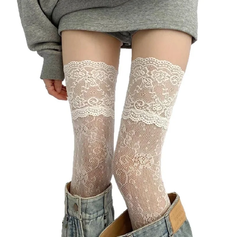 

Spring Summer Pure Desire Style Lace Trim Long Boots Socks Vintage Floral Fishnet Socks with Boots White Colorful Over-the-Knee
