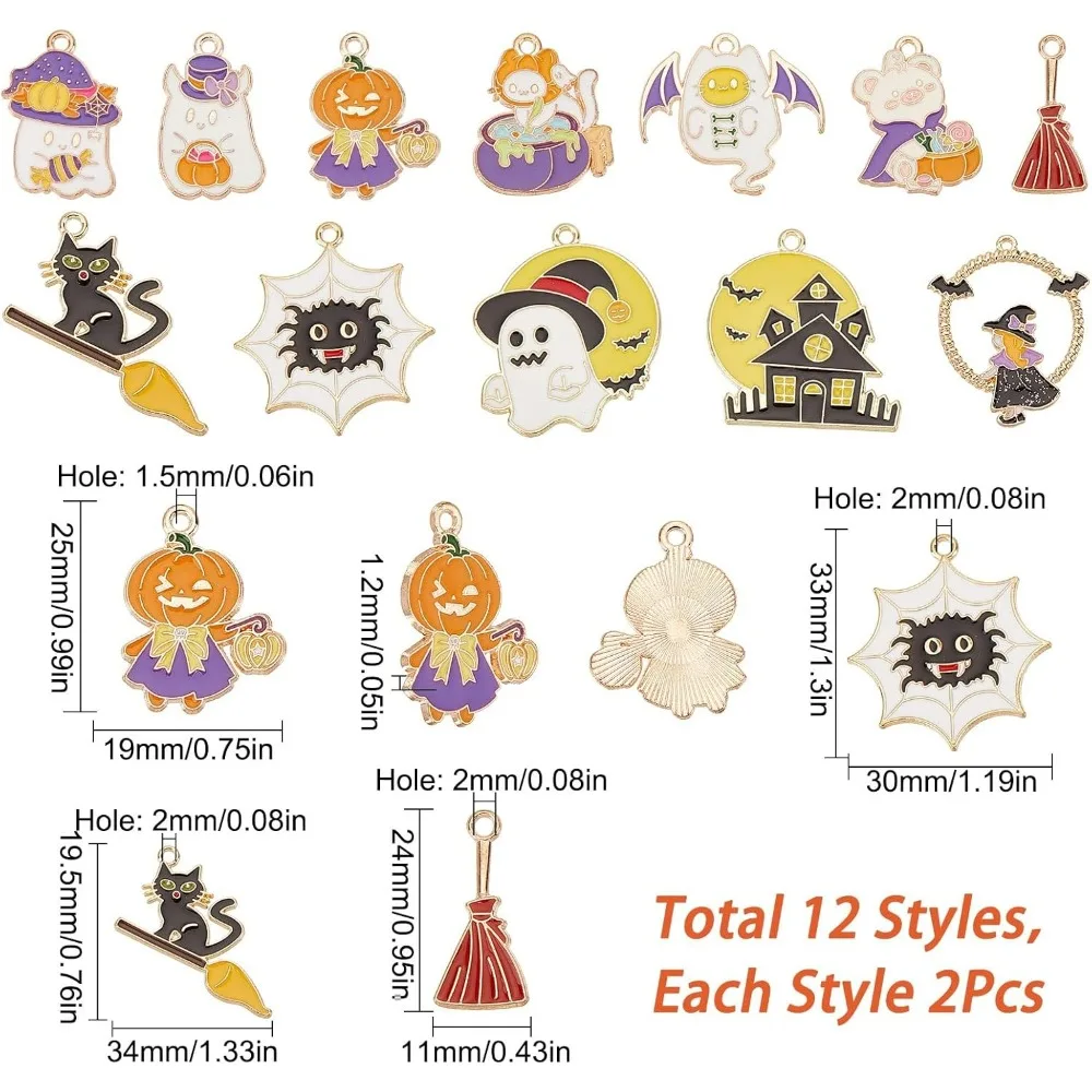 1 Box 24Pcs 12 Style Halloween Themed Charms Witch Charms Pumpkin Ghost Charm Black Cat Charm Fairy Magic Charm for Jewelry