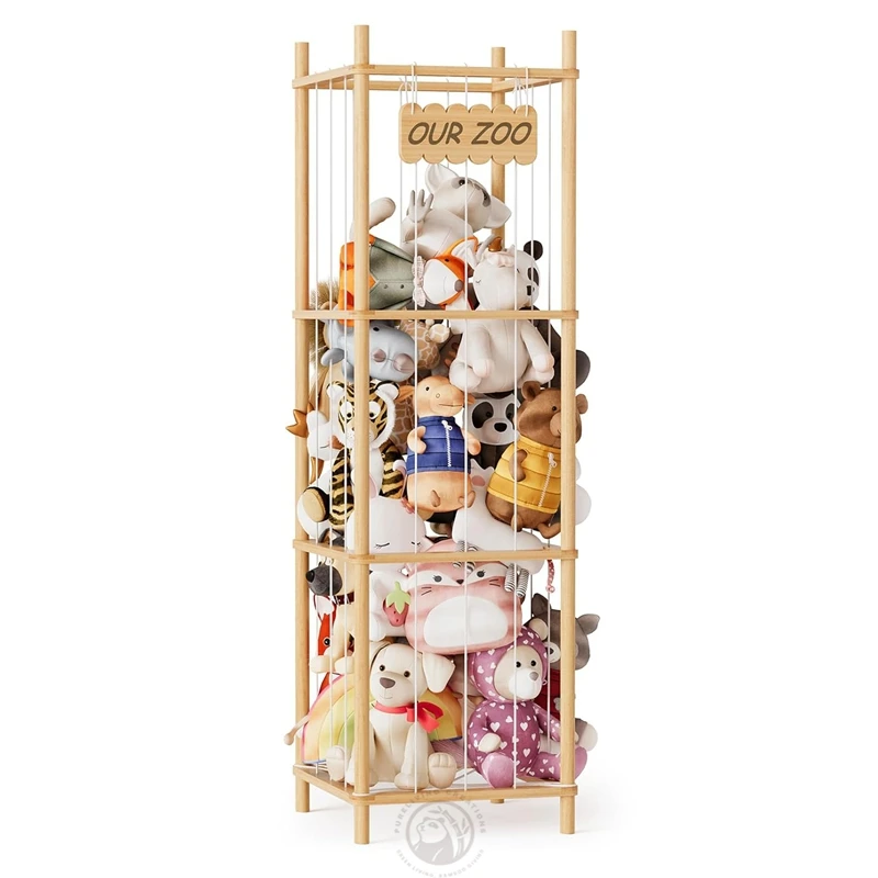 Bamboo eco-friendly four-layer modern plush animal storage box plush toy rack large capacity children's toy storage cage