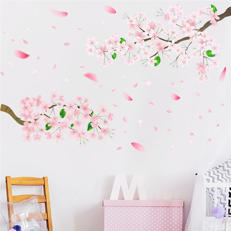 

Blooming Pink Sakura Tree Wall Stickers For Office Store Studio Home Decoration Diy Plant Mural Art Pvc Decals Pastoral Posters