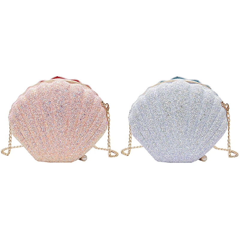 Women Girls Little Mermaid Seashell Purse Cross-Body Shoulder Bags Glitter Sequins Chain Evening Purse