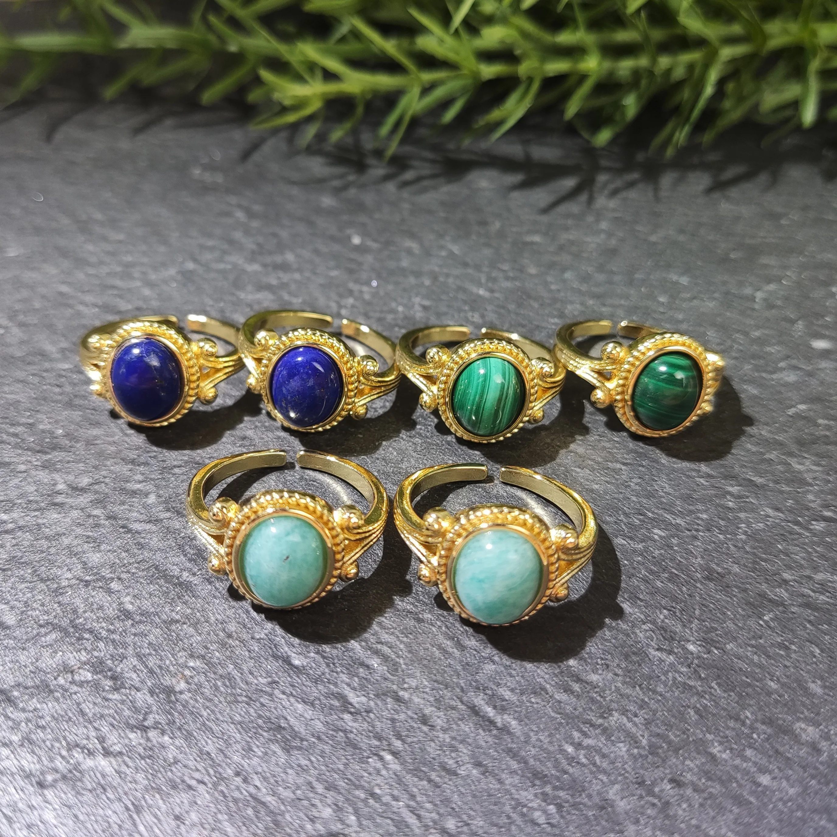 Healing Crystal Ring, Natural Gemstone Adjustable Ring, Gold Plated Copper Stone Jewelry for Women, Malachite Lapis Amazonite