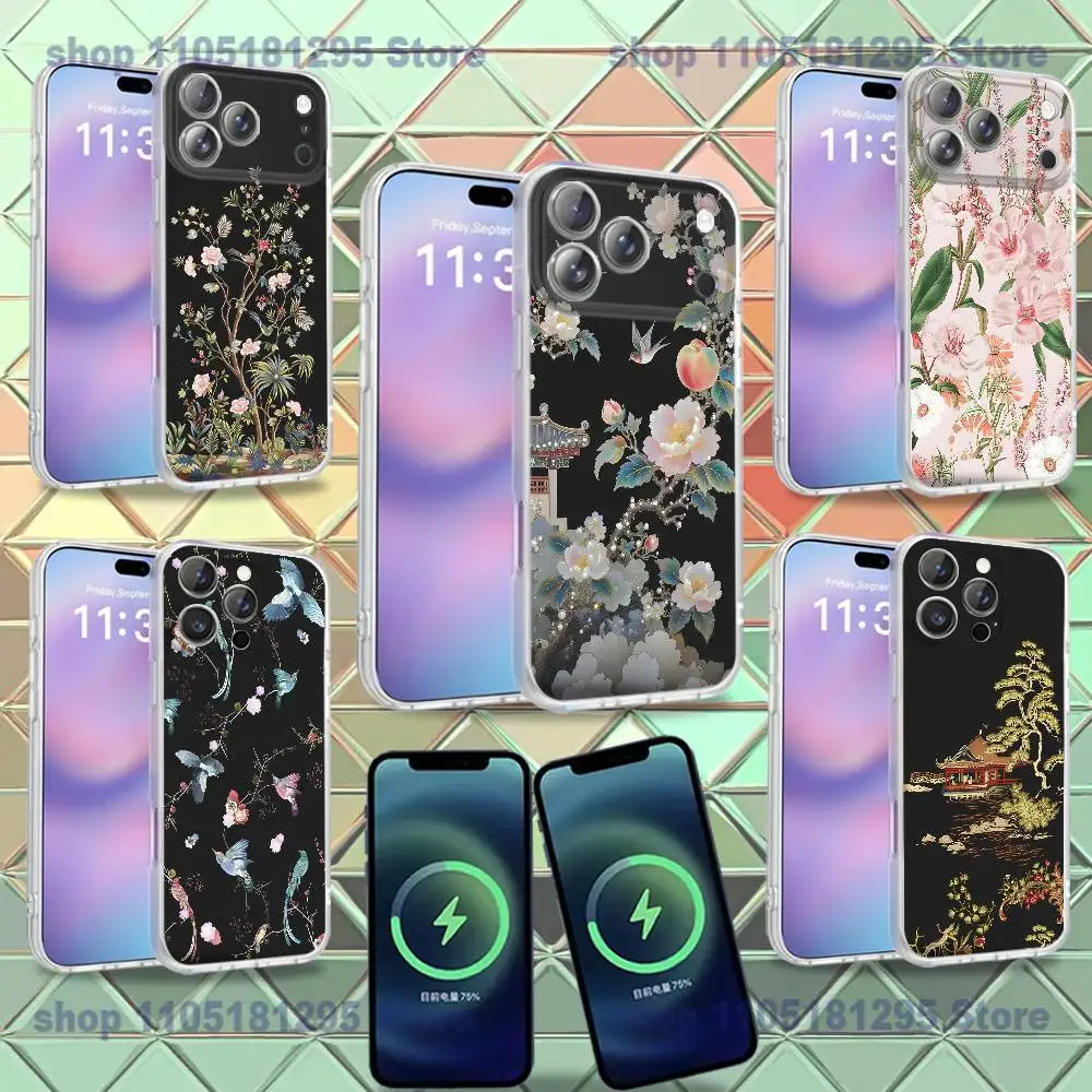 

Элегантный чехол для телефона с цветочным и птичьим принтом для iPhone 16, 14, 11, 17, 13, 15, 12, Air, Plus, Pro, Max, E, Mini, матовый, для беспроводной магнитной зарядки