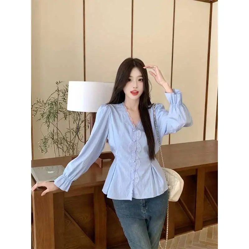 

Women Clothing Spring Autumn Fashion Casual Button Solid Color V-neck Women Shirts All-match Fashionable Long Sleeve Slim Shirts