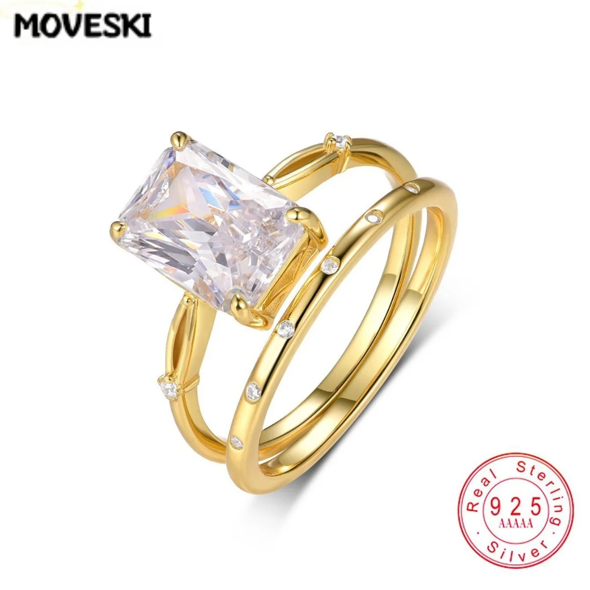 925 Sterling Silver Hypoallergenic 3.5CT Emerald Cut Moissanite 2Pcs Stackable Ring Set Women Party Statement Jewelry Gift
