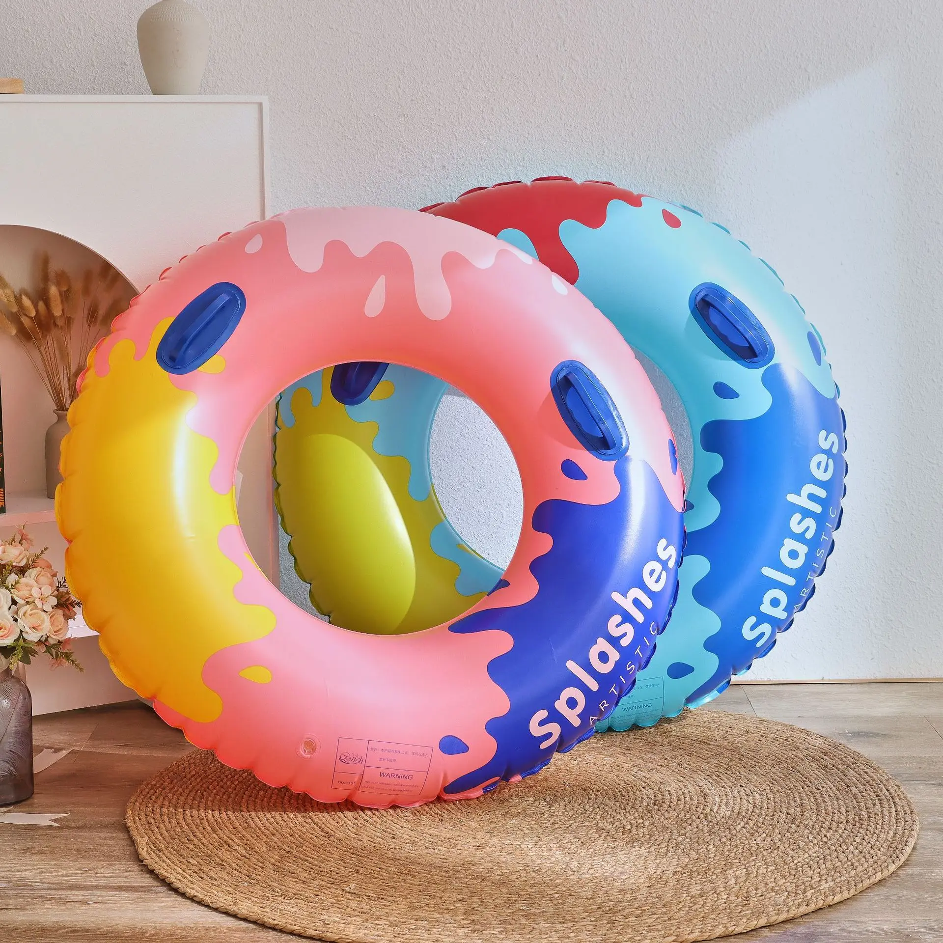 New Splash Art Pool Foats Swimming Ring with Handle Adult Inflatable Pool Tube Giant Float Boys Girl Water Fun Toy Swim Laps