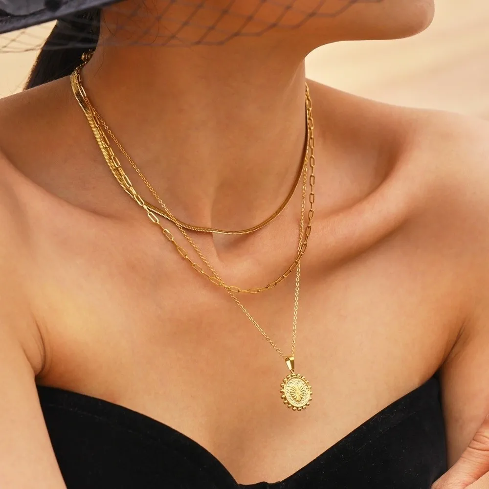 أزياء الشمس القلب قلادة قلادة الفولاذ المقاوم للصدأ مطلية بالذهب طبقات مزدوجة سلسلة الترقوة اليدوية الفاخرة #4