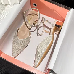 Scarpe con tacco quadrato a punta per donna primavera autunno nuove scarpe da fata con tacco basso versatili scarpe da donna di grandi dimensioni con strass Bling