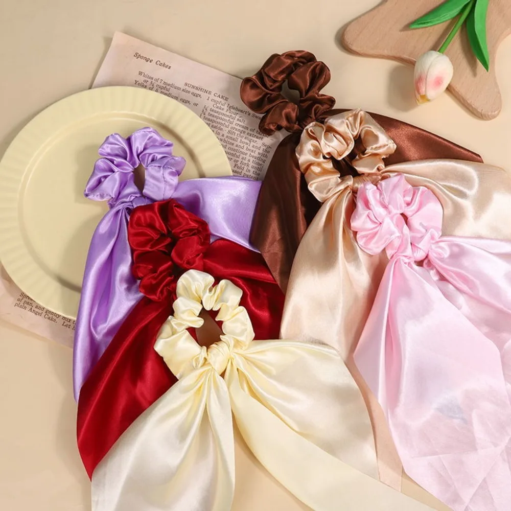 Gift Elastic Satin Long Hair Rope Knotted Solid Color Ponytail Scarf Smooth Glossy Ribbon Large Intestine Rope Outdoor