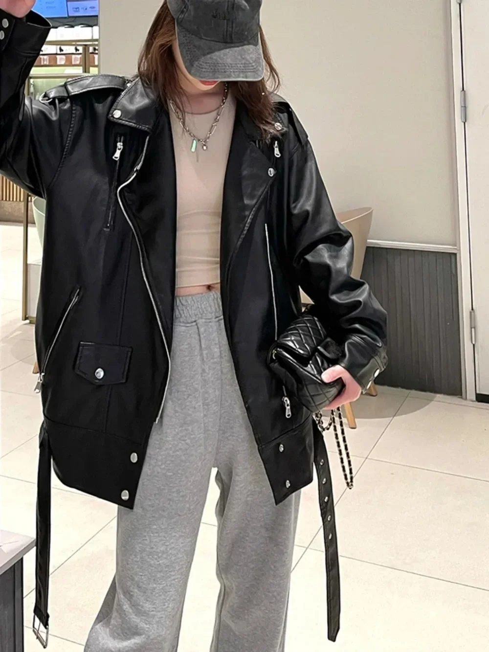 Oversize American Loose Motorcycle Faux Leather Jackets Fashion Black PU Leather Jackets Women with Belt Causal Outerwear