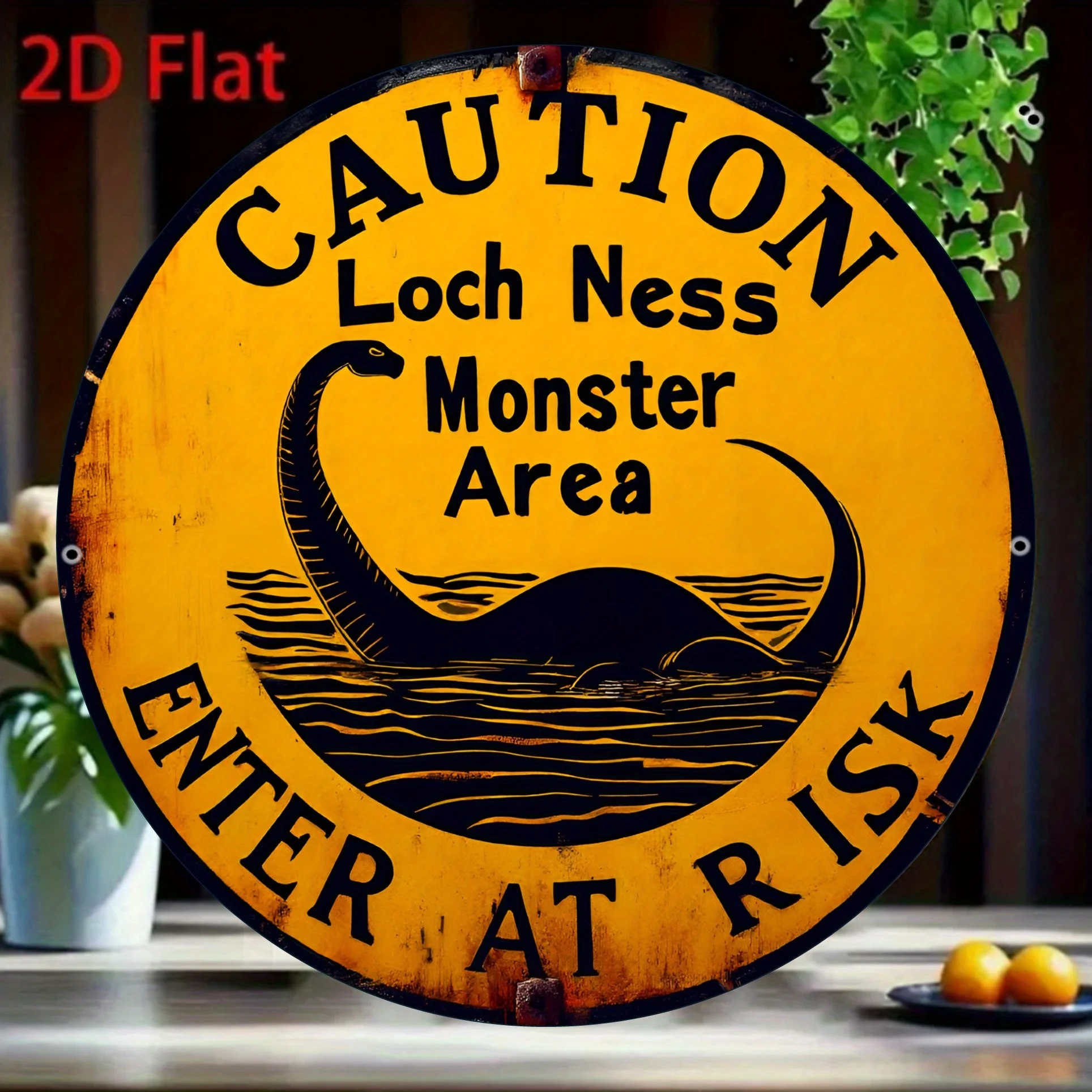 2D Flat, 1er-Pack Vintage Loch Ness Monster Metallschild – 20,3 x 30,5 cm großes Aluminium-Retro-Warnschild mit „Enter at Risk“-Text – Gelb