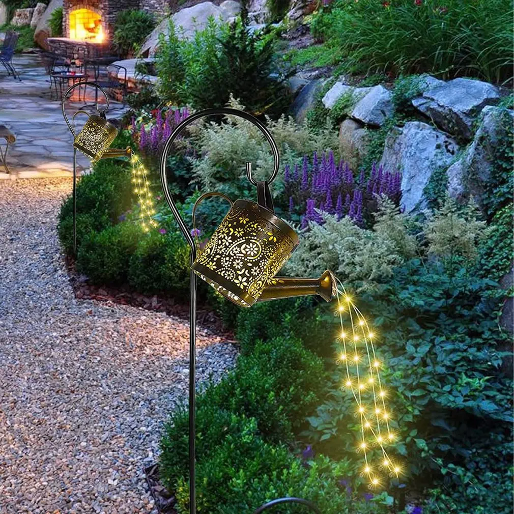 Lanterne solari annaffiatoio Retro metallo 36LED bollitore String Light Design scavato impermeabile Solar Firefly Outdoor Solar LED