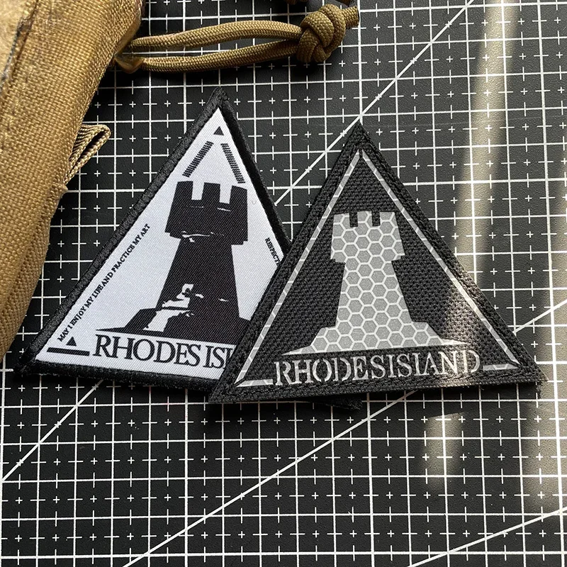 

Rhodes Island Morale Badge Engraved Reflective Patch Hook and Loop Binary Anime Badge Fabric Patches for Clothing