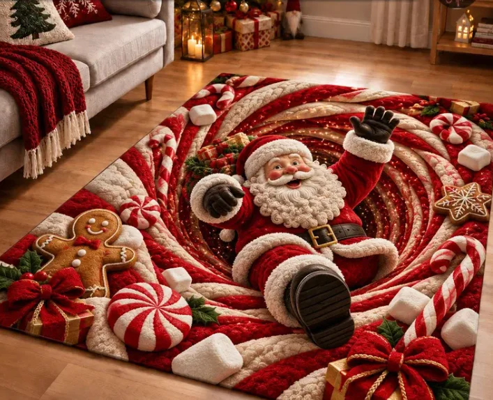 3D Santa Christmas Area Rug, Peppermint Swirl Runner Rug, Gingerbread Man Kitchen Mat Sweet Doormat, Christmas Gift Home Decor